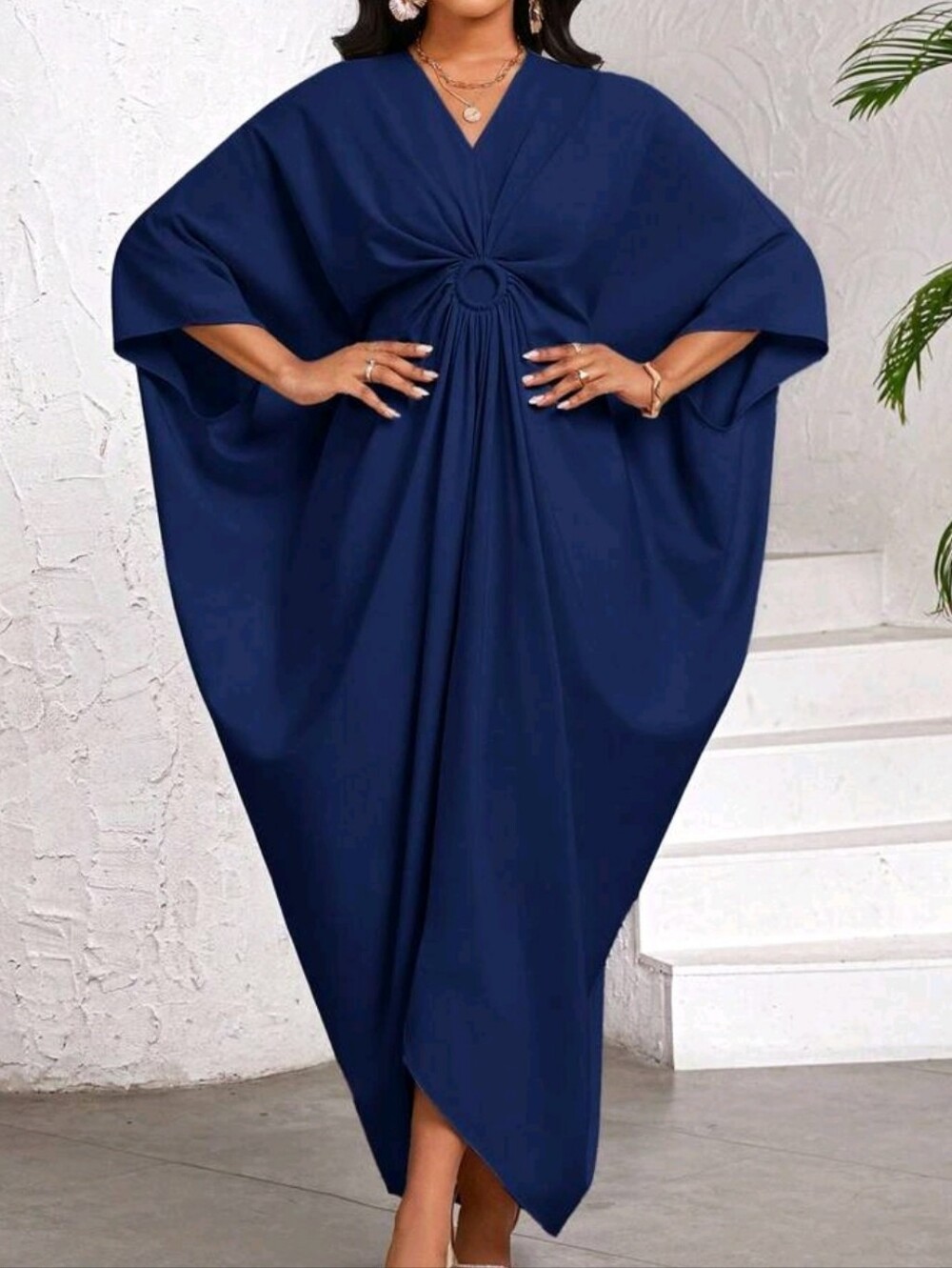 Elegant Navy Blue Knot-Front Kaftan Dress